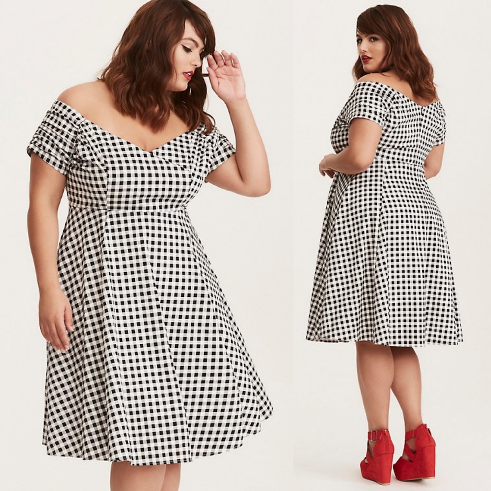 Torrid Retro Chic Gingham Check Off Shoulder Dress